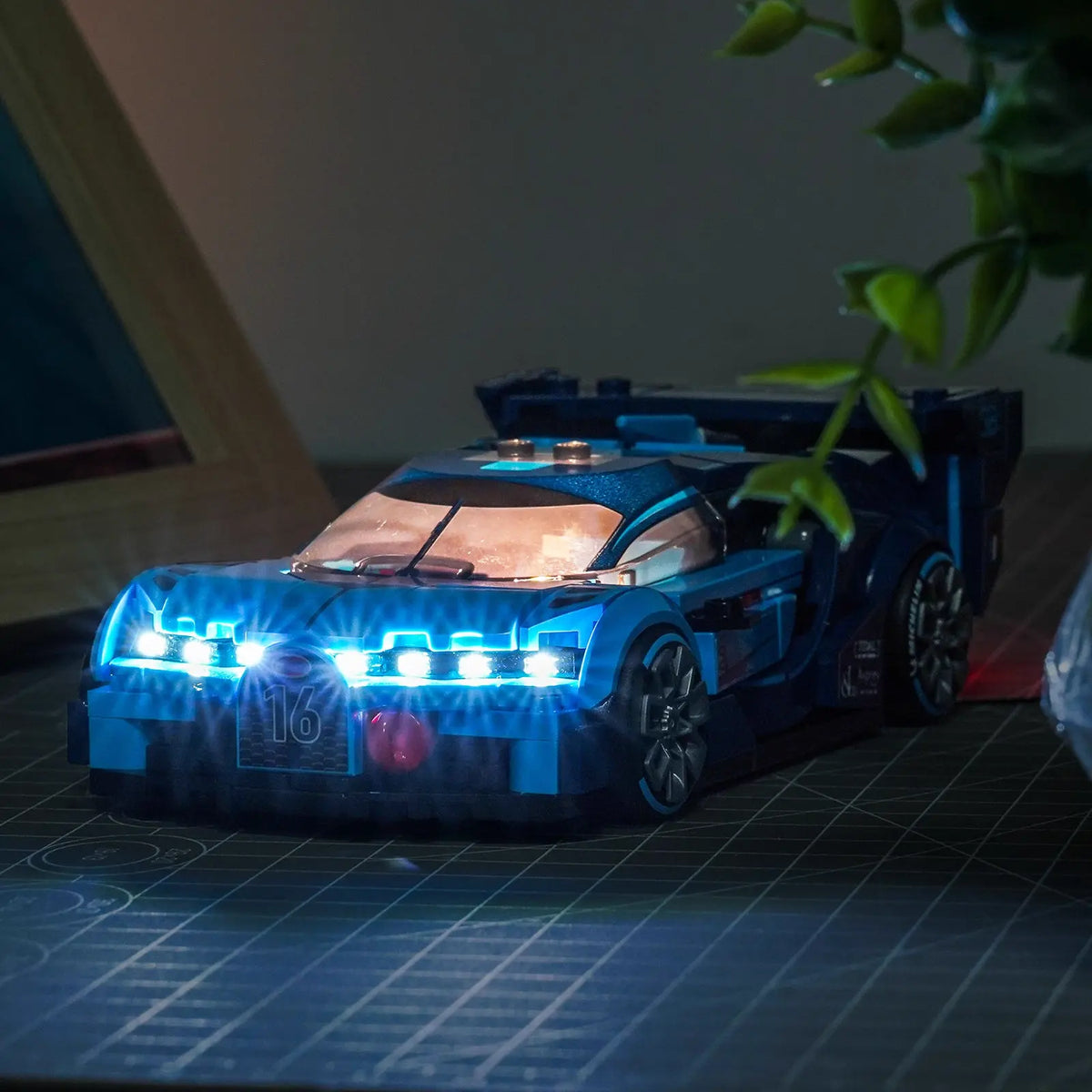 LEGO® Speed Champions Bugatti Vision GT Hyper Sports Car #77253 — display lighting in a dark room (LED light kit)
