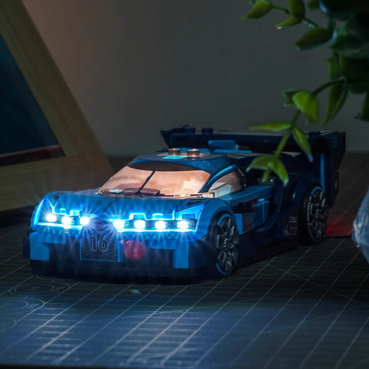LEGO® Speed Champions Bugatti Vision GT Hyper Sports Car #77253 — display lighting in a dark room (LED light kit)