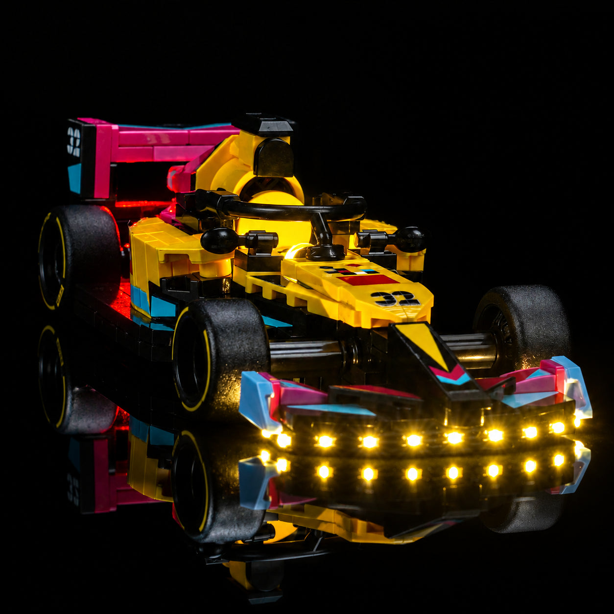 LEGO® Speed Champions F1 ACADEMY Race Car #77258 — showcase lighting view (LED light kit)