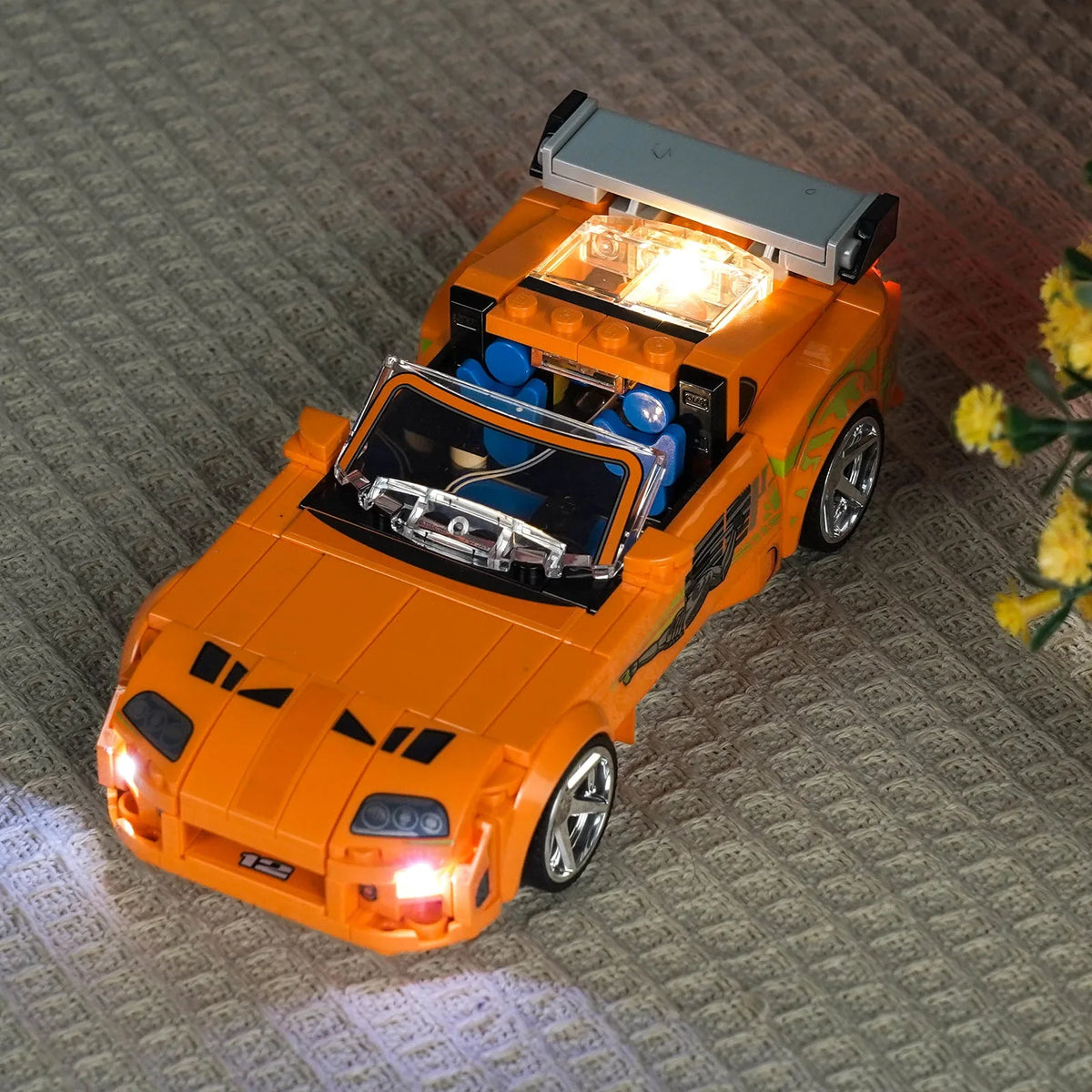 DIY LED light kit for LEGO® Speed Champions Fast and Furious Toyota Supra MK4 #77260, front view fully lit