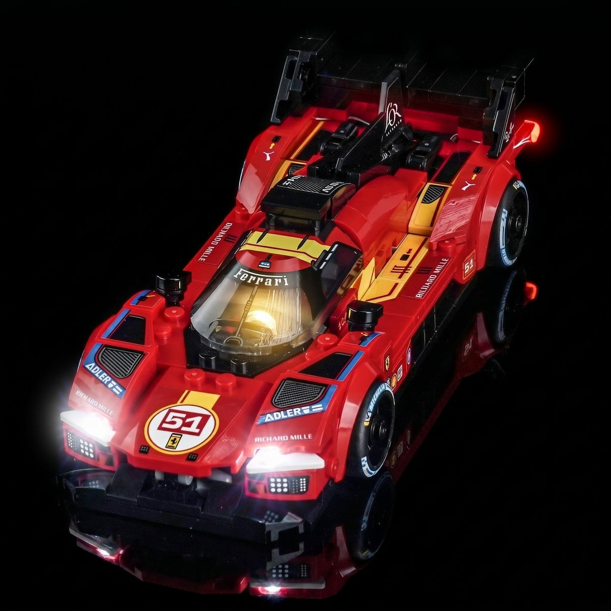 LEGO® Speed Champions Ferrari 499P #77261 LED kit powered on, with the LED lighting kit