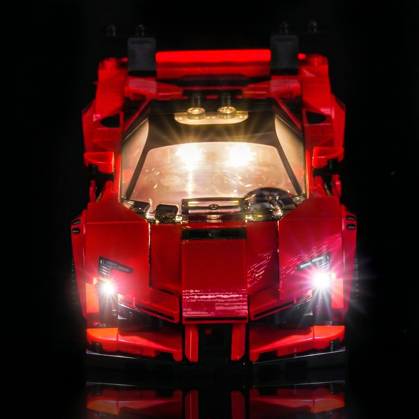 LEGO® Speed Champions Ferrari SF90 XX Stradale Sports Car #77254 showcase lighting view, with the DIY LED light kit