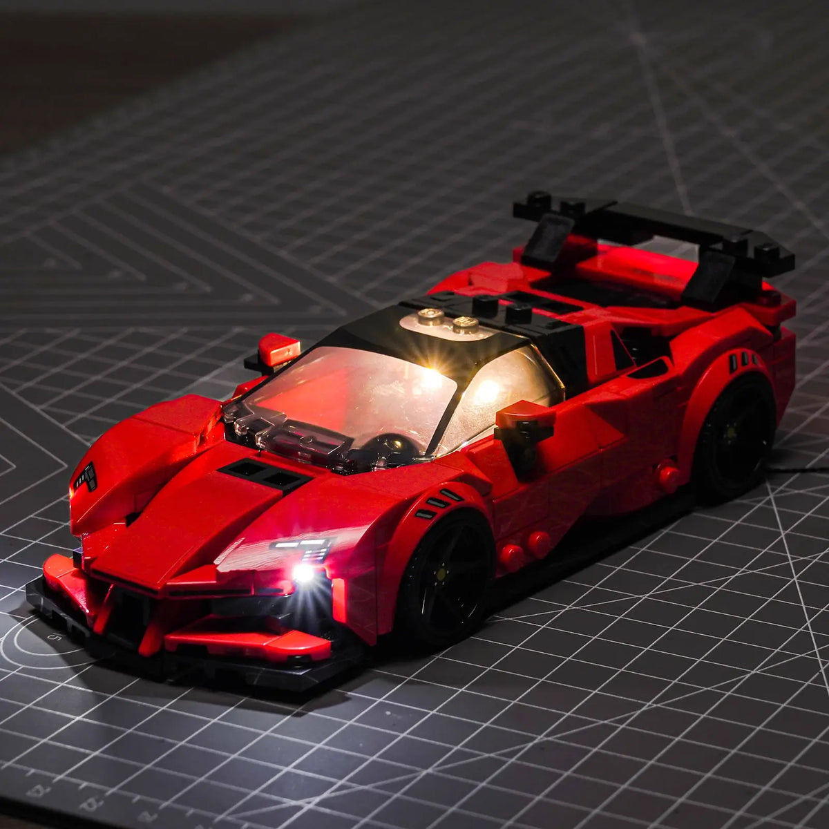LEGO® Speed Champions Ferrari SF90 XX Stradale Sports Car #77254 warm LED glow detail, with the light kit