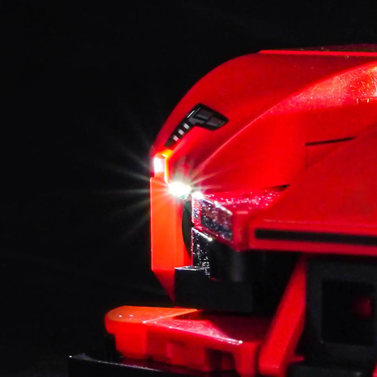 LED lighting kit for LEGO® Speed Champions Ferrari SF90 XX Stradale Sports Car #77254, side angle with lights on