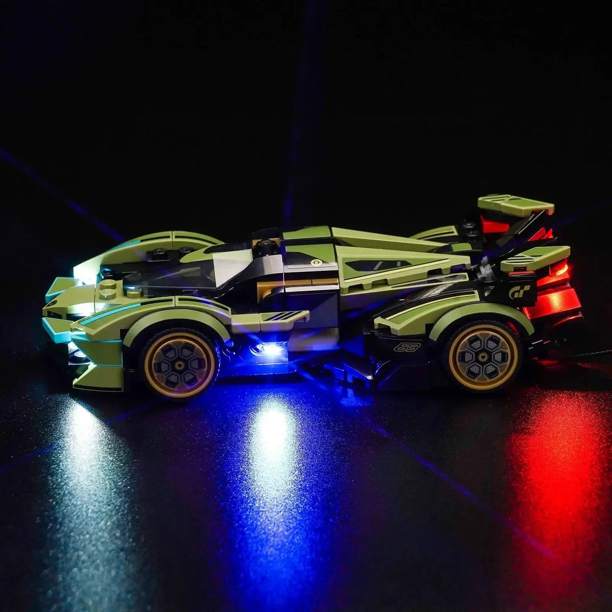 RGB LED light kit for LEGO® Speed Champions Lamborghini Lambo V12 Vision GT #76923, before-and-after lighting
