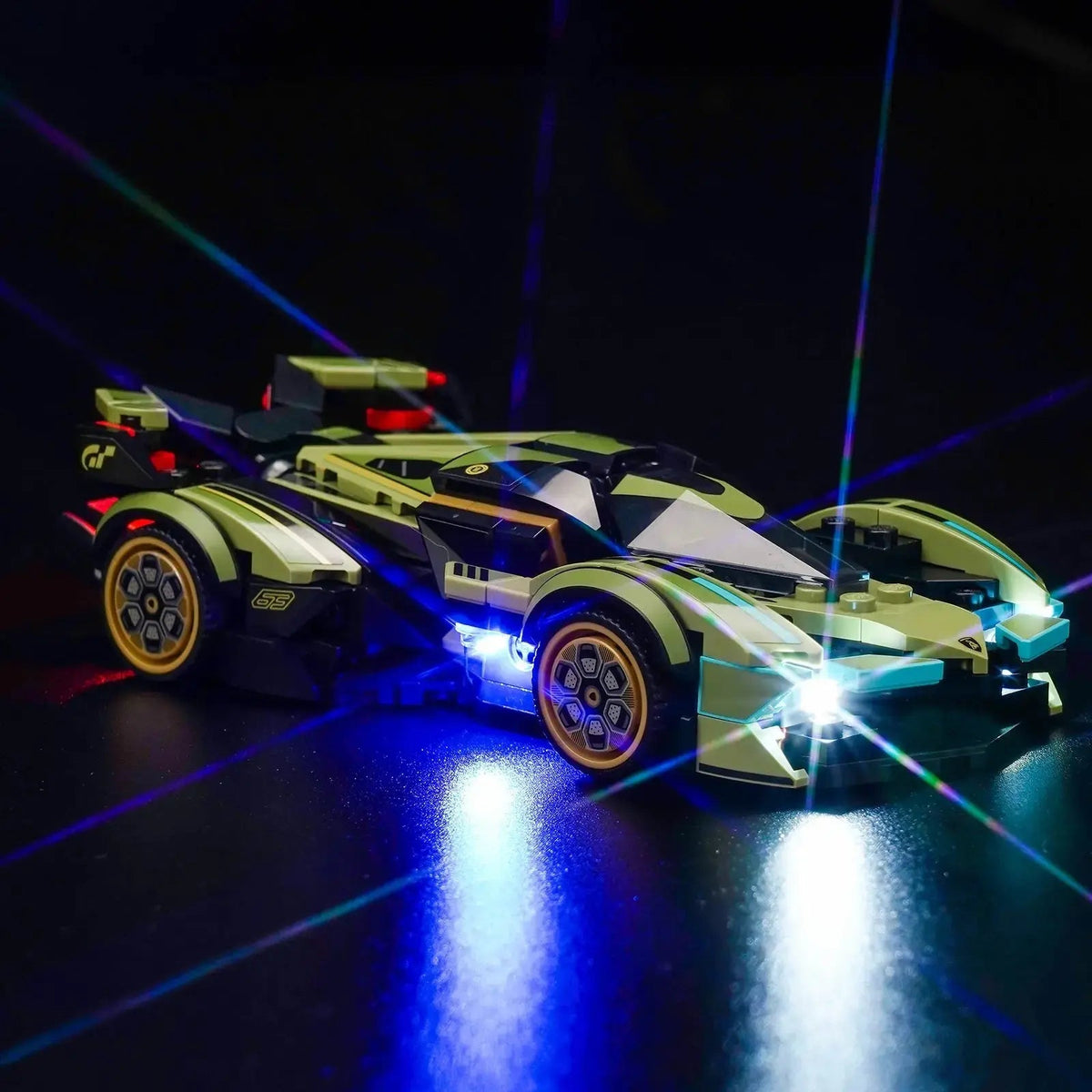 premium LED light kit for LEGO® Speed Champions Lamborghini Lambo V12 Vision GT #76923, fully illuminated on display