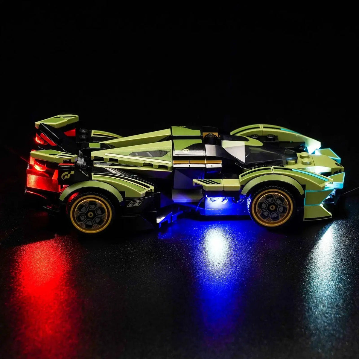 DIY LED light kit for LEGO® Speed Champions Lamborghini Lambo V12 Vision GT #76923, illuminated at night