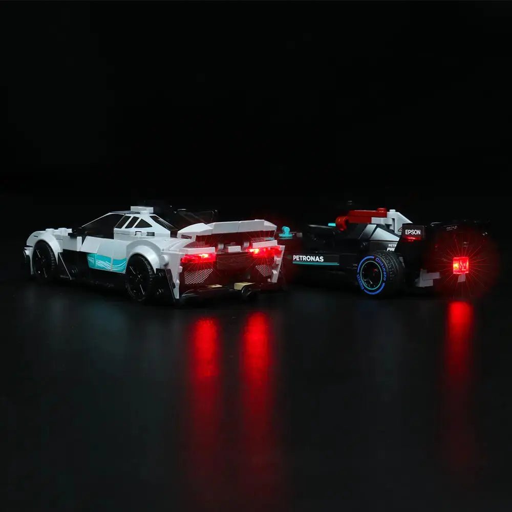 LEGO® Speed Champions Mercedes-AMG F1 W12 E Performance & Mercedes-AMG Project One #76909 — warm LED glow detail (light kit)