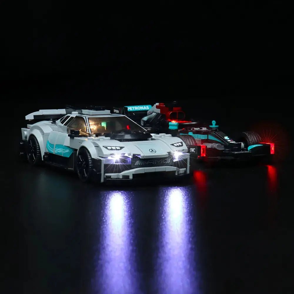 LEGO® Speed Champions Mercedes-AMG F1 W12 E Performance & Mercedes-AMG Project One #76909 — LED strips and bricks detail, custom LED lighting (view 5)