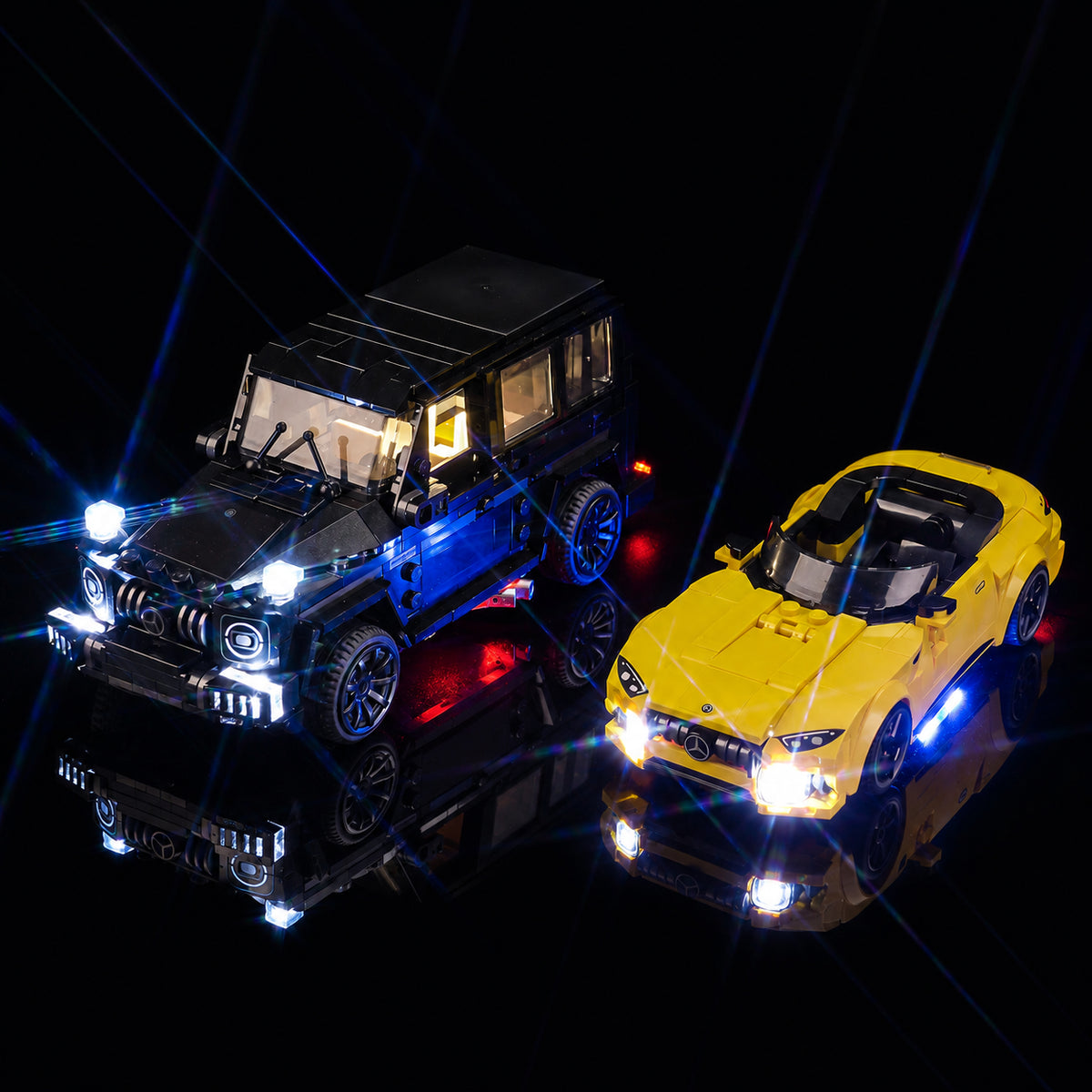 LEGO® Speed Champions Mercedes-AMG G 63 & Mercedes-AMG SL 63 #76924 — illuminated at night (RGB LED light kit)