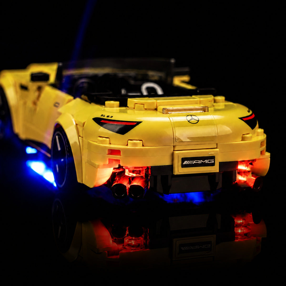 LEGO® Speed Champions Mercedes-AMG G 63 & Mercedes-AMG SL 63 #76924 installed and glowing, with the custom LED lighting