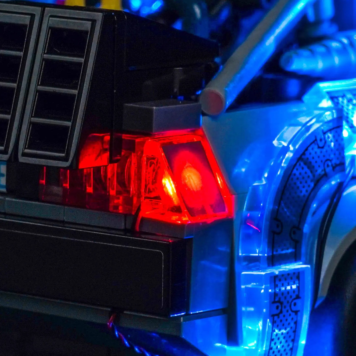 LEGO® Speed Champions Time Machine from Back to the Future #77256 installed and glowing, with the custom LED lighting