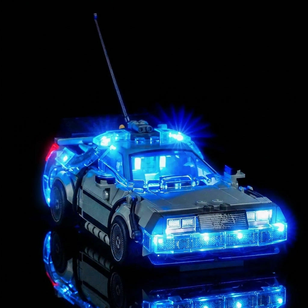 LEGO® Speed Champions Time Machine from Back to the Future #77256 — brightened interior detail (USB-powered LED light kit)