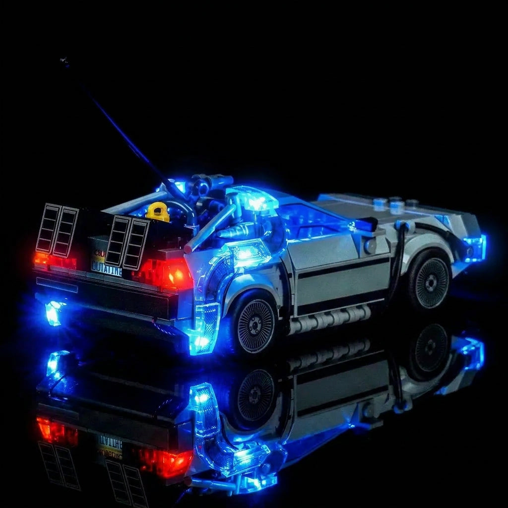 LEGO® Speed Champions Time Machine from Back to the Future #77256 fully illuminated on display, with the LED lighting kit