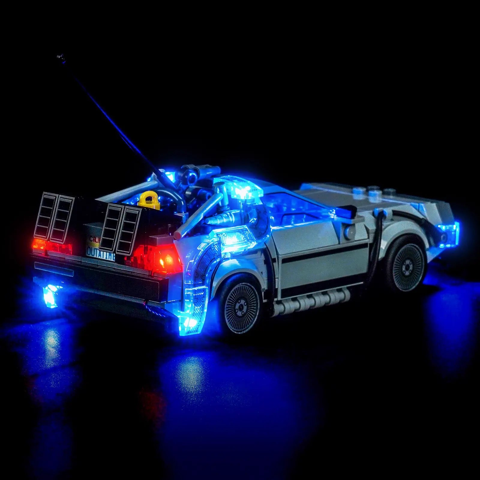 LEGO Speed Champions Time Machine from Back to the Future #77256 illuminated at night