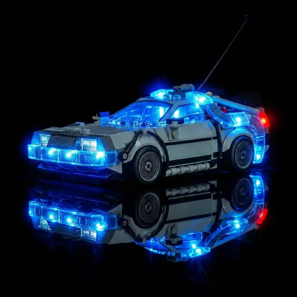 LEGO® Speed Champions Time Machine from Back to the Future #77256 installed and glowing, with the USB-powered LED light kit