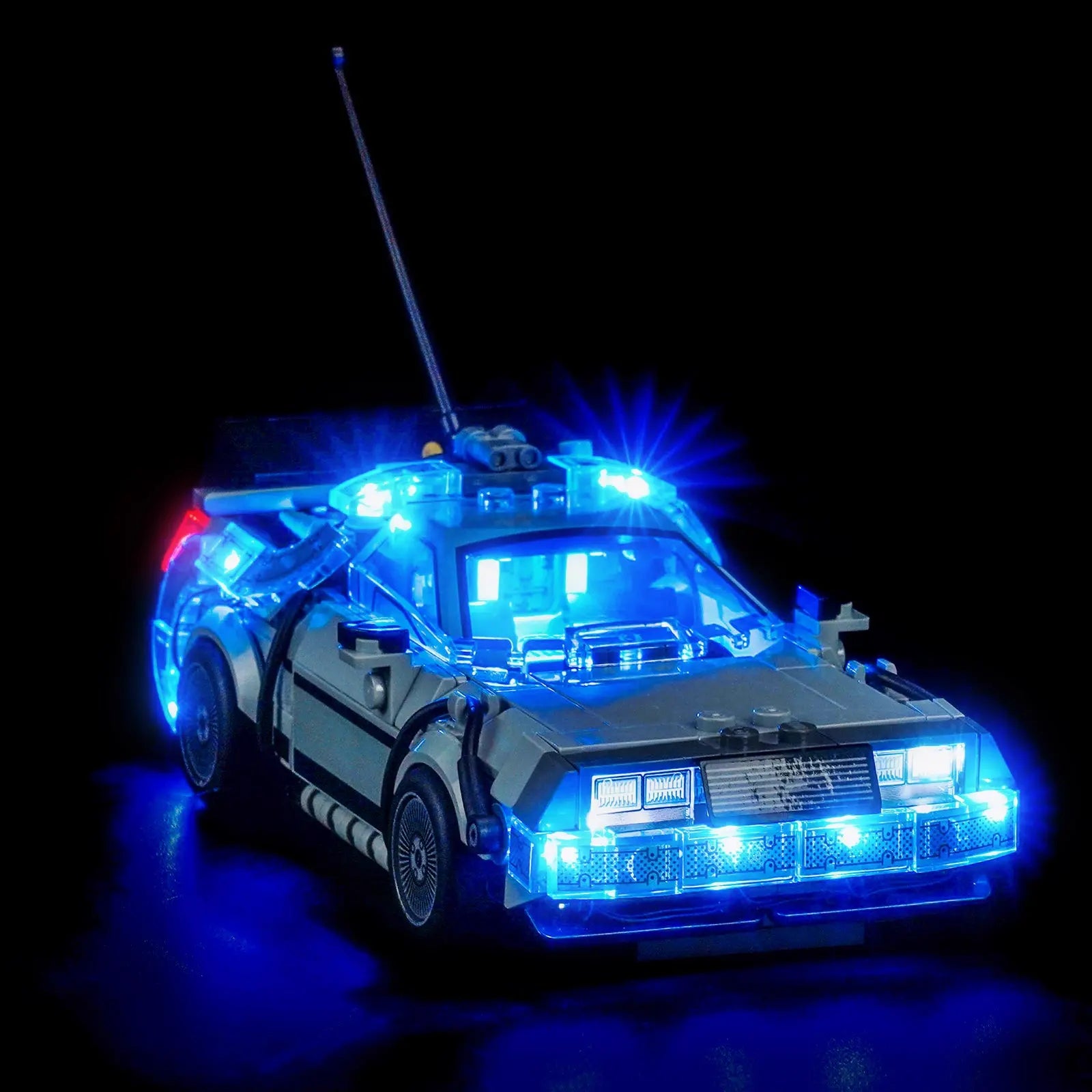 Close-up of LED lights on LEGO Speed Champions Time Machine from Back to the Future #77256