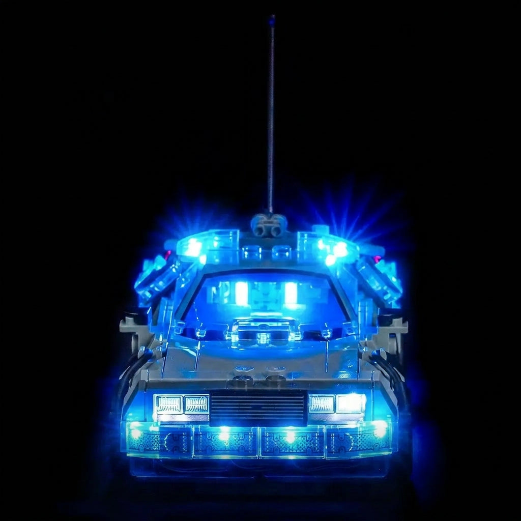 display light kit for LEGO® Speed Champions Time Machine from Back to the Future #77256, fully illuminated on display