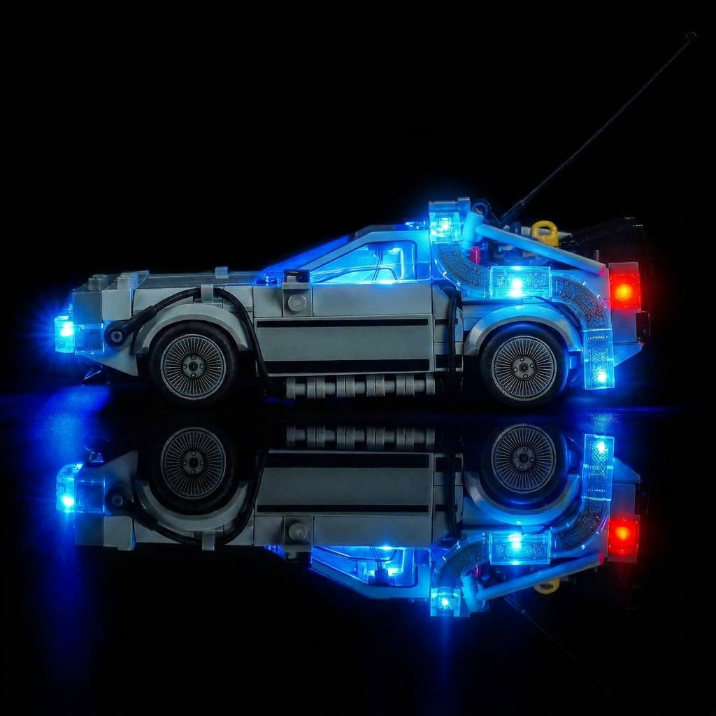 LEGO® Speed Champions Time Machine from Back to the Future #77256 — front view fully lit (LED light kit)