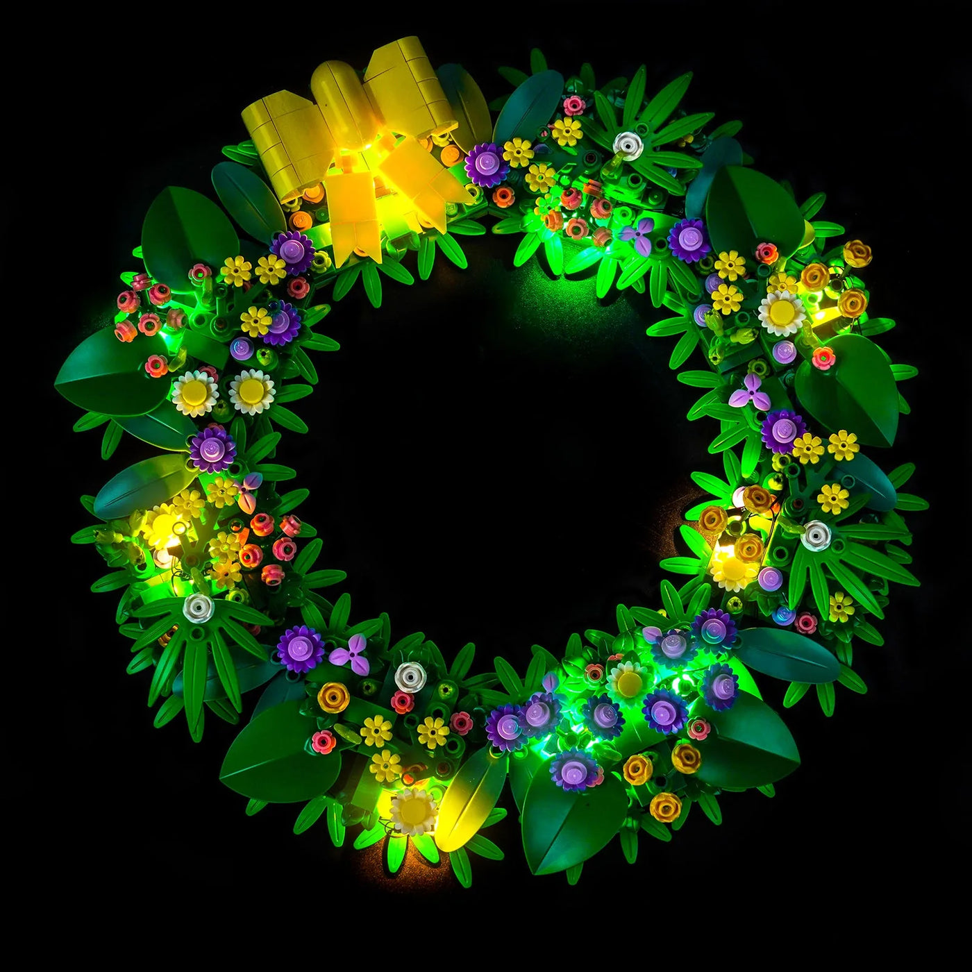 LEGO® Spring Wreath #40957 close-up of the LED lighting detail, with the custom LED lighting