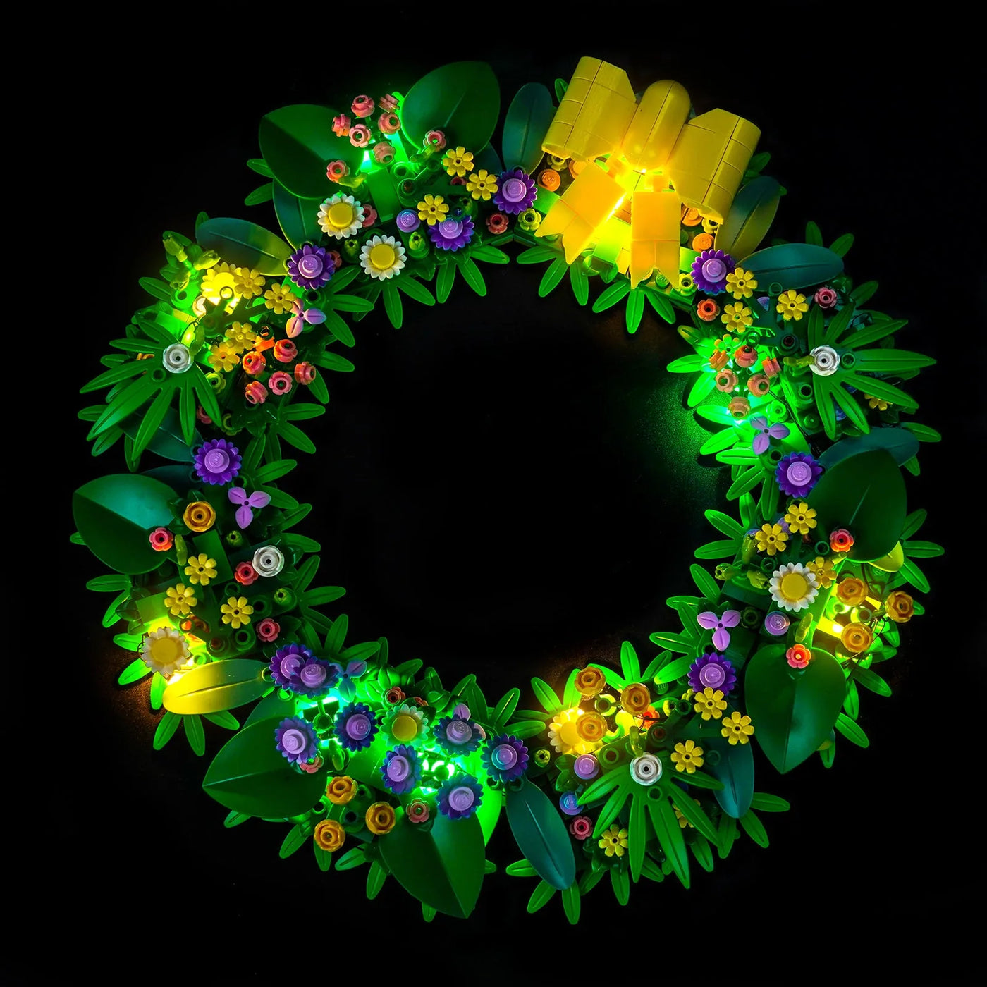 LEGO® Spring Wreath #40957 installed and glowing, with the premium LED light kit