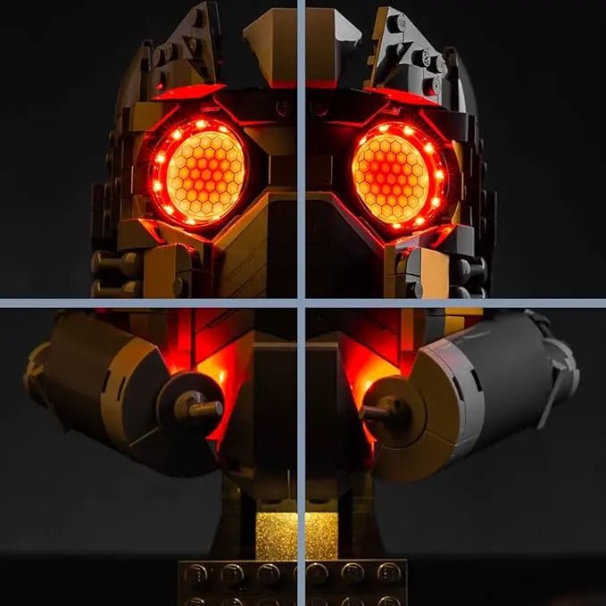 Bright My Bricks custom LED lighting for LEGO® Star-Lord's Helmet #76251 — installed and glowing