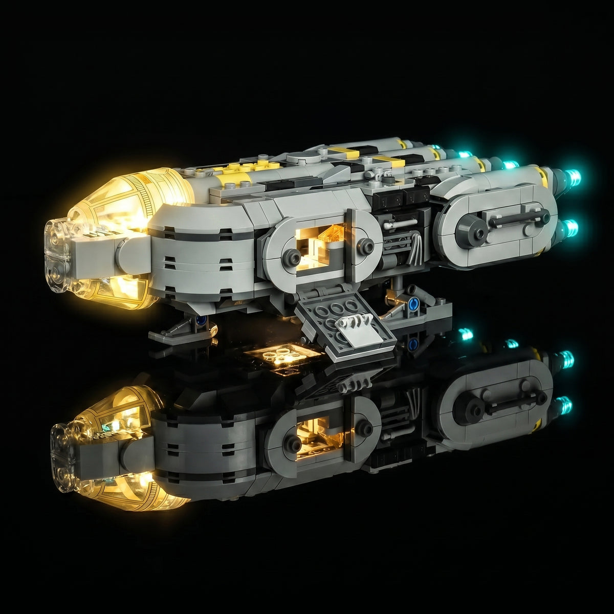 LEGO® Star Wars Anzellan Starship #75445 display lighting in a dark room, with the custom LED lighting