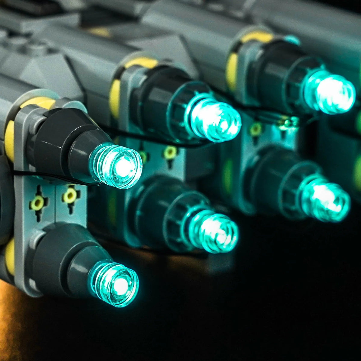 RGB LED light kit for LEGO® Star Wars Anzellan Starship #75445, fully illuminated on display