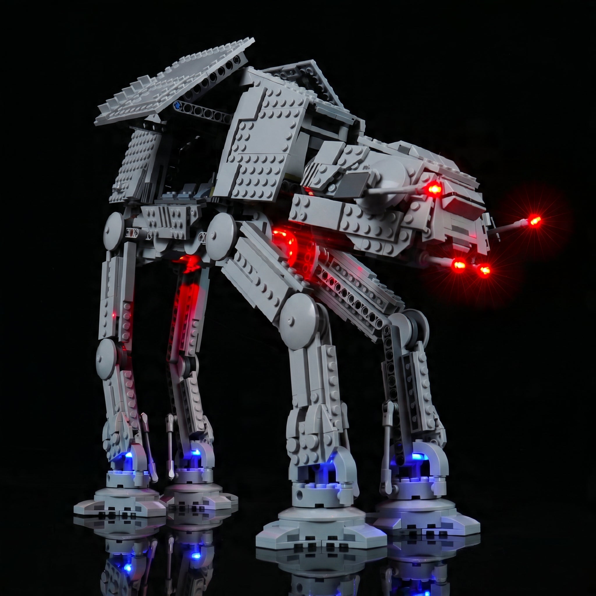 LEGO® Star Wars AT-AT #75288 before-and-after lighting, with the light kit