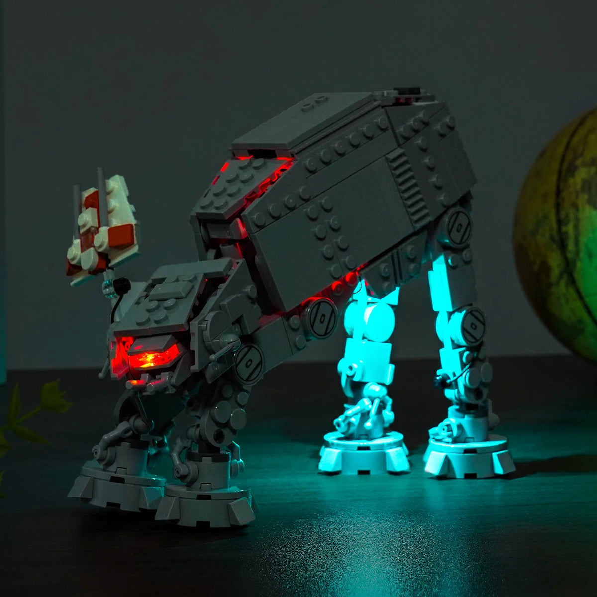 LEGO® Star Wars AT-AT #75440 warm LED glow detail, with the custom LED lighting