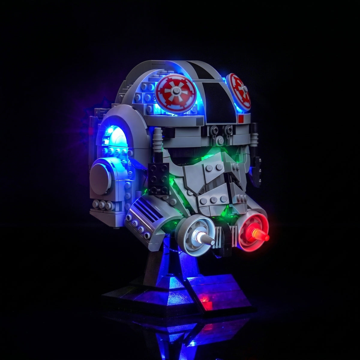 Bright My Bricks premium LED light kit for LEGO® Star Wars AT-AT Driver Helmet #75429 — front view fully lit