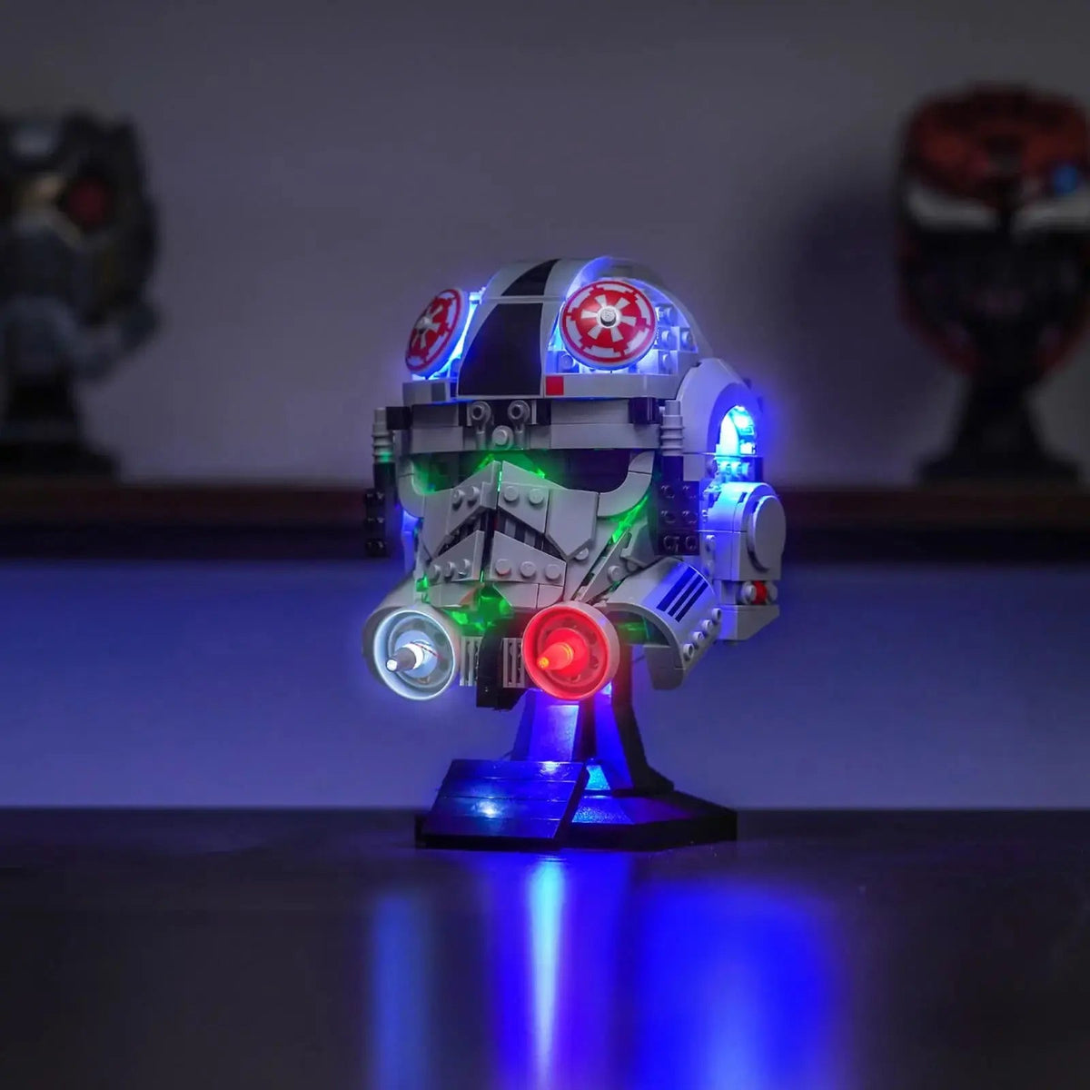 Bright My Bricks light kit for LEGO® Star Wars AT-AT Driver Helmet #75429 — illuminated at night