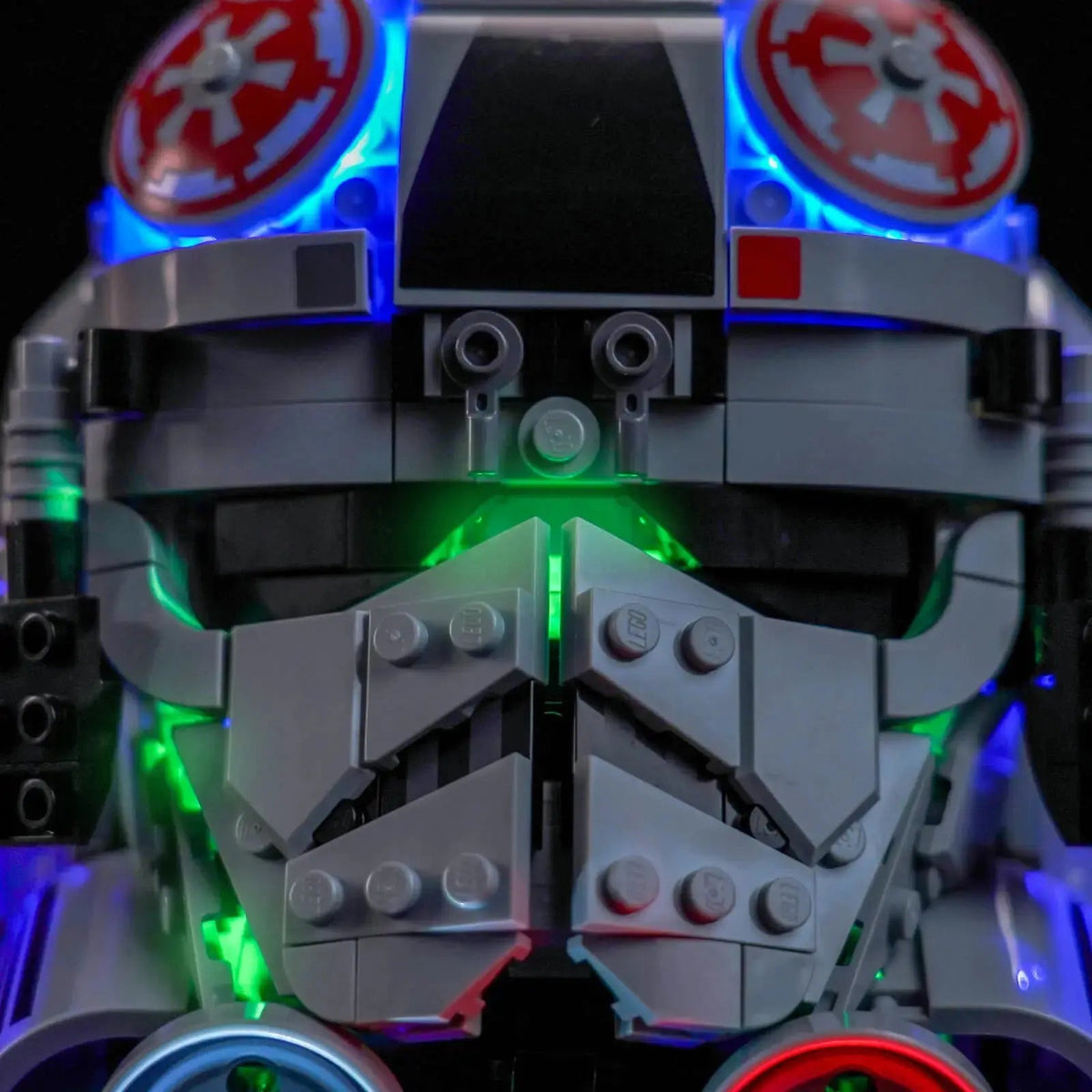 LEGO® Star Wars AT-AT Driver Helmet #75429 showcase lighting view, with the RGB LED light kit