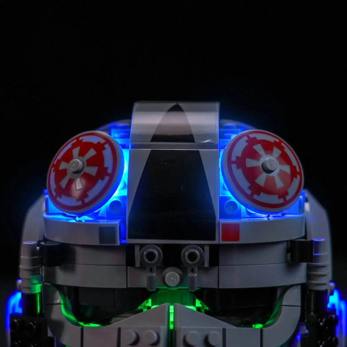 LEGO® Star Wars AT-AT Driver Helmet #75429 illuminated at night, with the display light kit