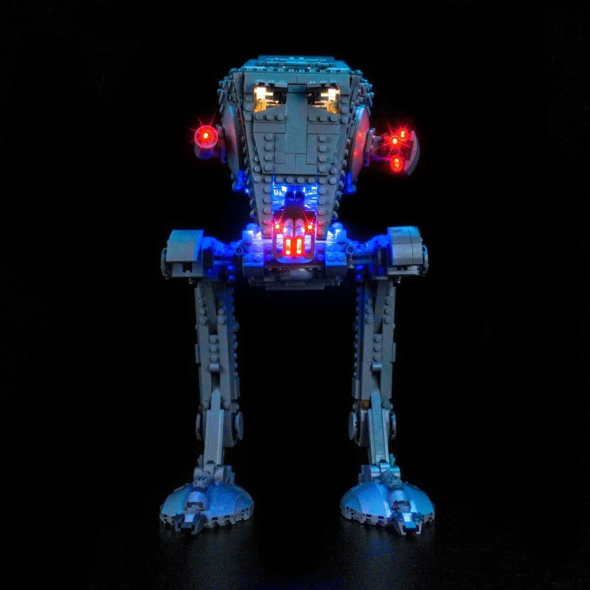LEGO® Star Wars AT-ST Walker #75417 side angle with lights on, with the custom LED lighting