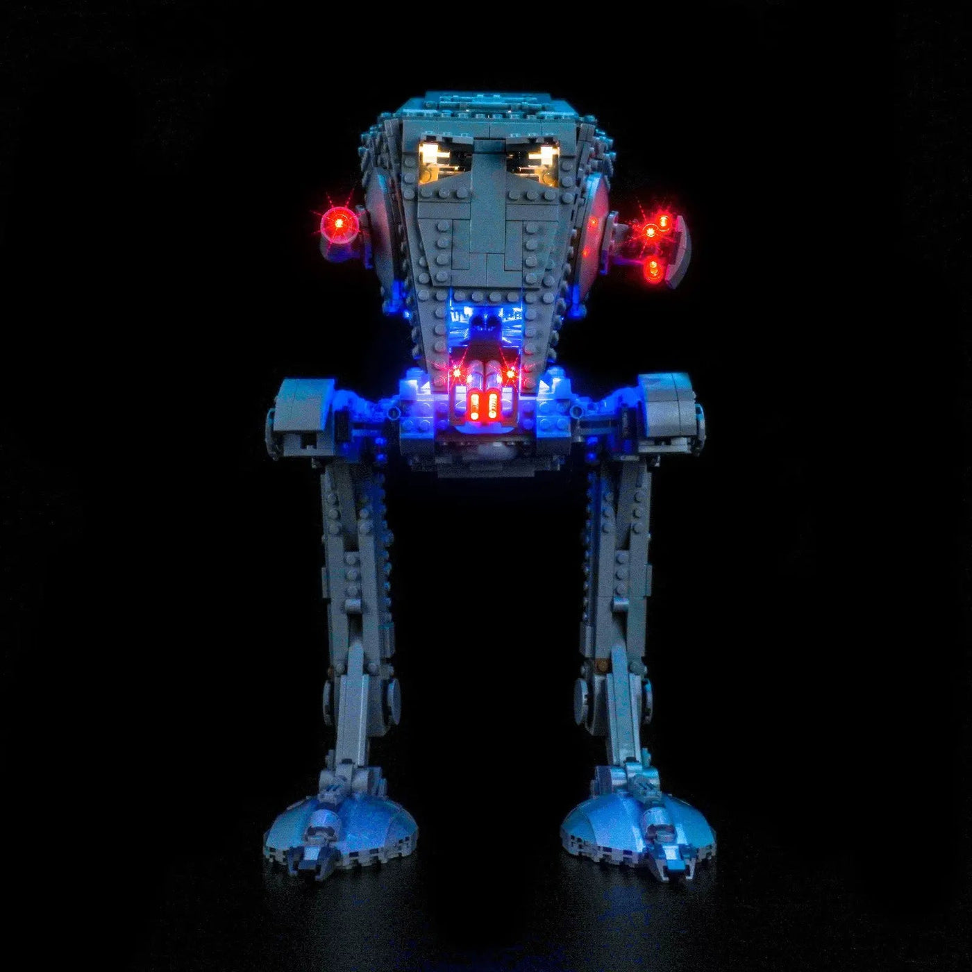 LEGO® Star Wars AT-ST Walker #75417 side angle with lights on, with the custom LED lighting
