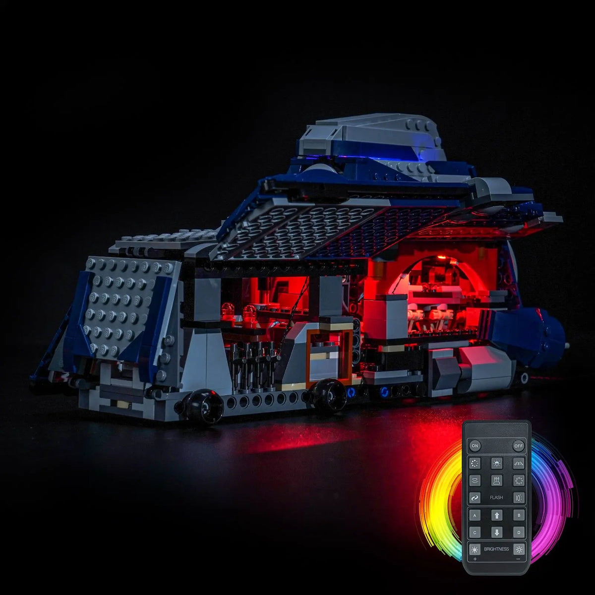 side angle with lights on: Bright My Bricks LED lighting kit for LEGO® Star Wars Battle of Felucia Separatist MTT #75435