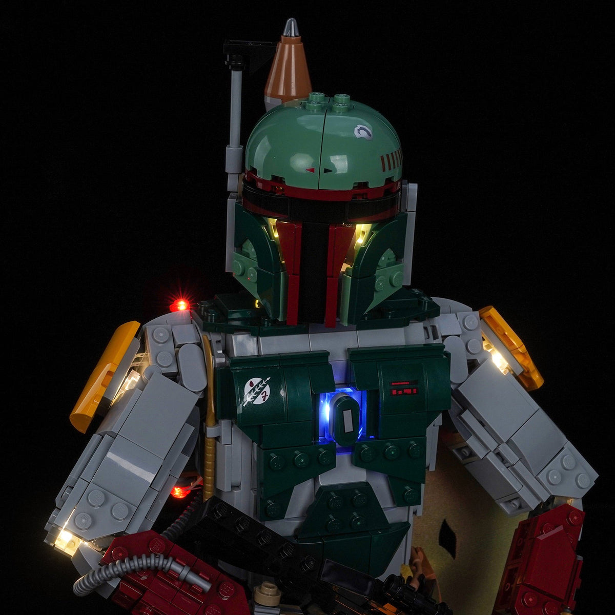 Bright My Bricks LED light kit for LEGO® Star Wars™ Boba Fett #75455 — fully illuminated on display