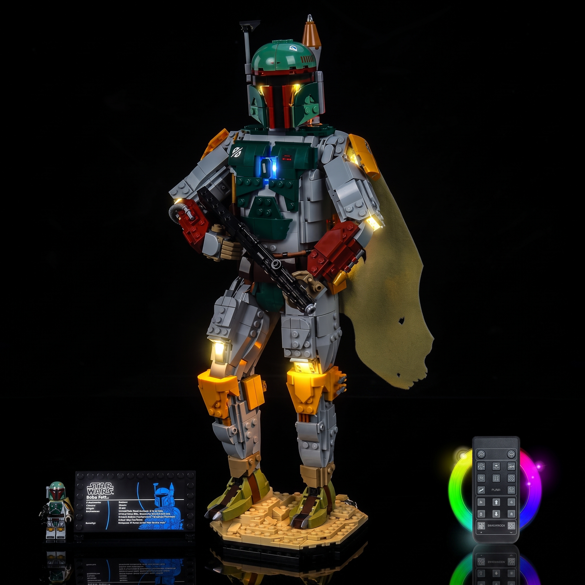 LED lights for LEGO® Star Wars™ Boba Fett #75455, close-up of a lit gauntlet