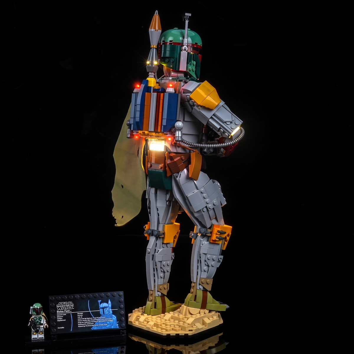 light kit for LEGO® Star Wars™ Boba Fett #75455, the full figure lit in a dark room