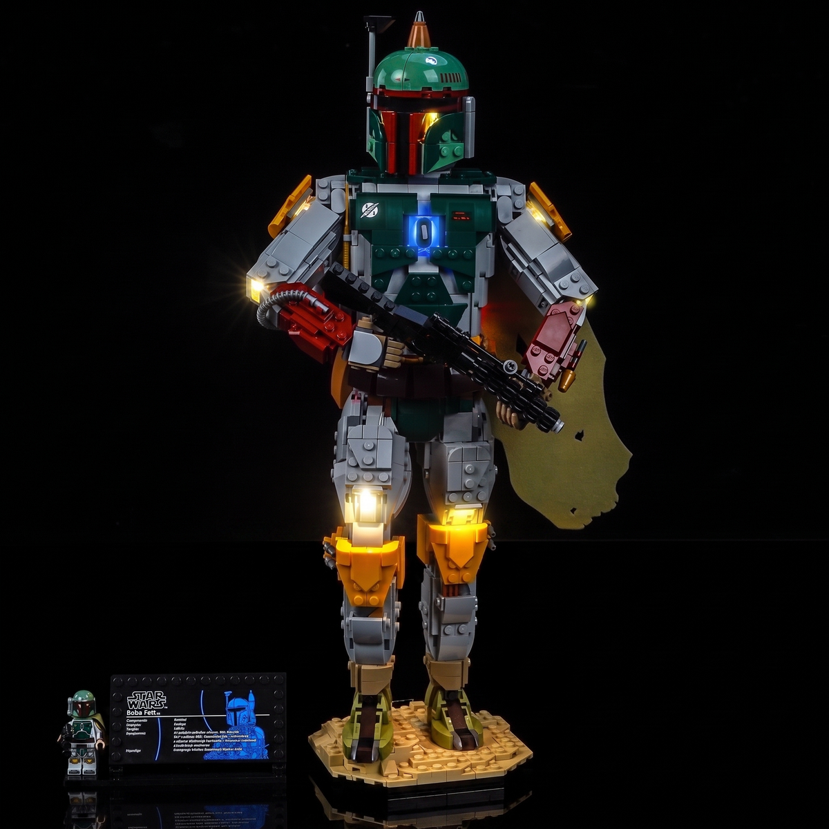 LEGO® Star Wars™ Boba Fett #75455 installed and glowing, with the USB-powered LED light kit