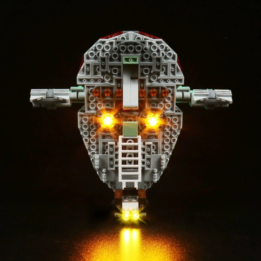 LEGO® Star Wars Boba Fett’s Starship #75312 display lighting in a dark room, with the DIY LED light kit