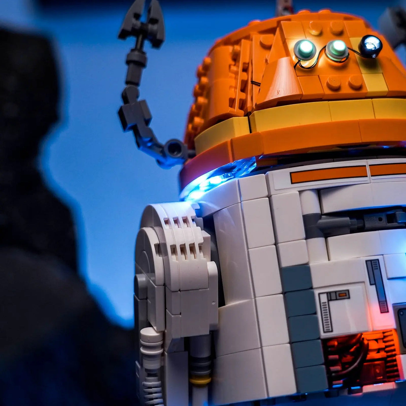 LEGO® Star Wars Chopper (C1-10P) Astromech Droid #75416 fully illuminated on display, with the premium LED light kit