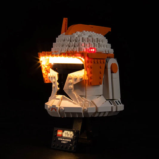 custom LED lighting for LEGO® Star Wars Clone Commander Cody Helmet #75350, front view fully lit