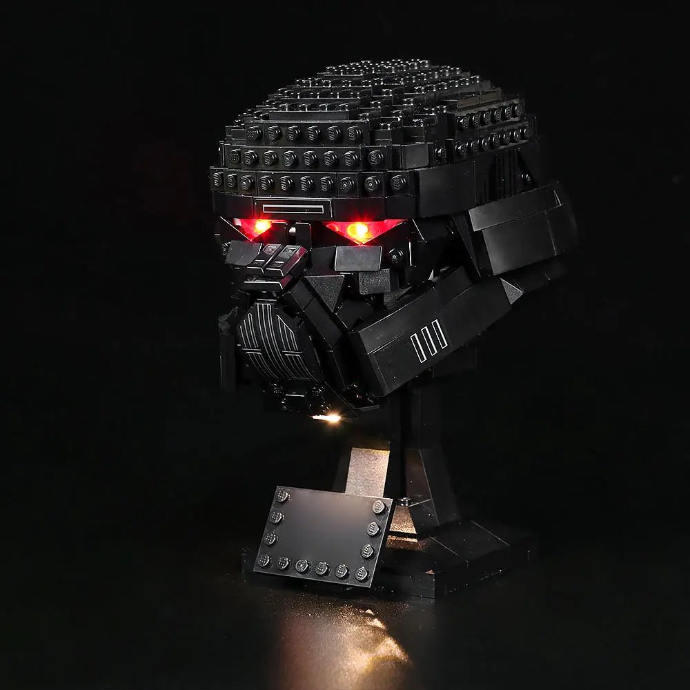 LEGO® Star Wars Dark Trooper Helmet #75343 front view fully lit, with the premium LED light kit