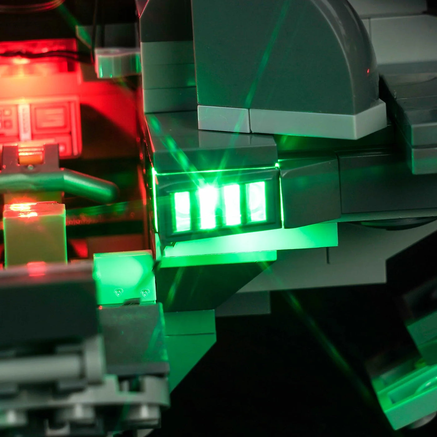 LEGO® Star Wars Darth Maul's Sith Infiltrator #75383 LED kit powered on, with the display light kit