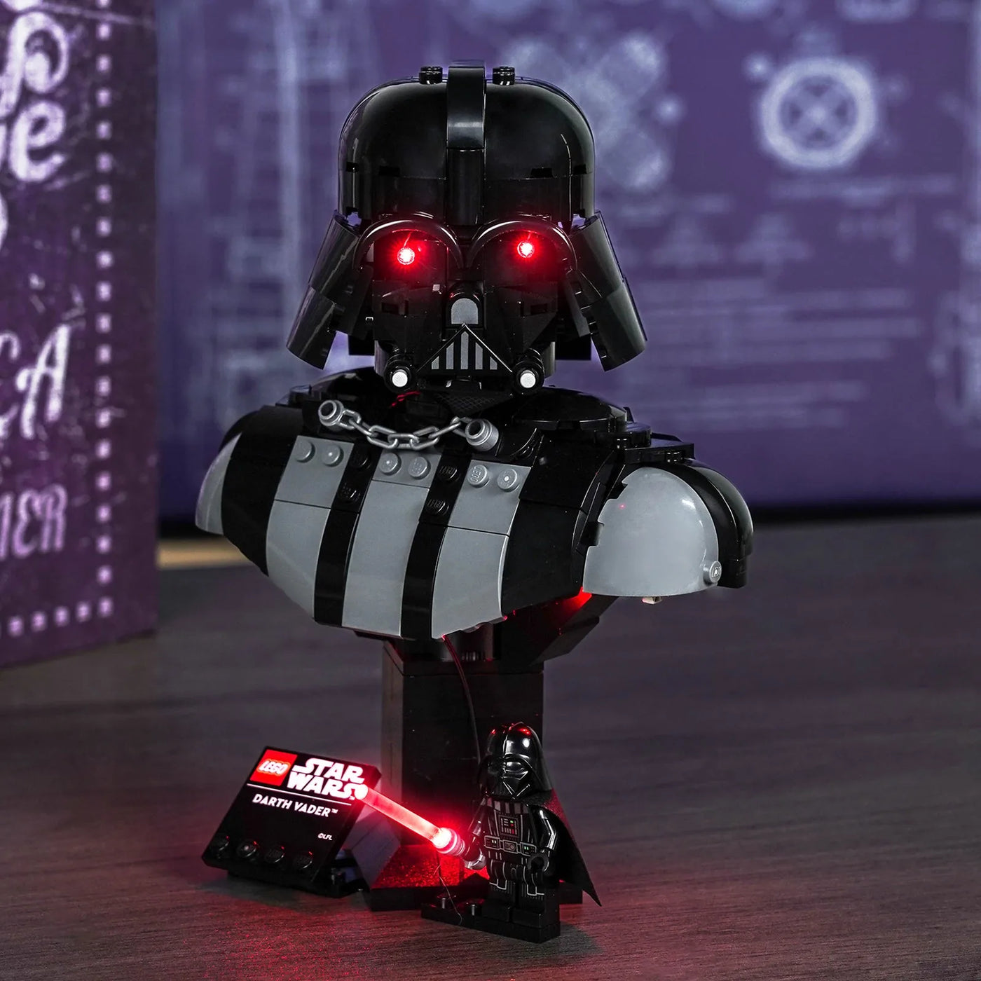 LEGO® Star Wars Darth Vader Bust #75439 — fully illuminated on display (DIY LED light kit)