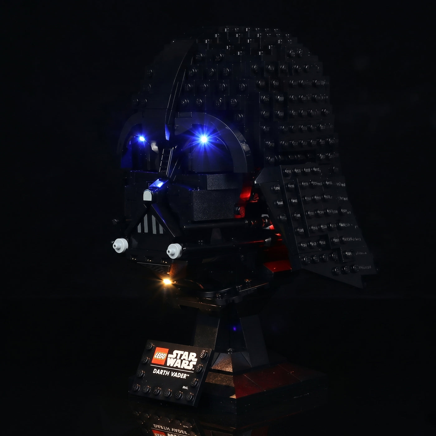 LEGO® Star Wars Darth Vader Helmet #75304 warm LED glow detail, with the USB-powered LED light kit