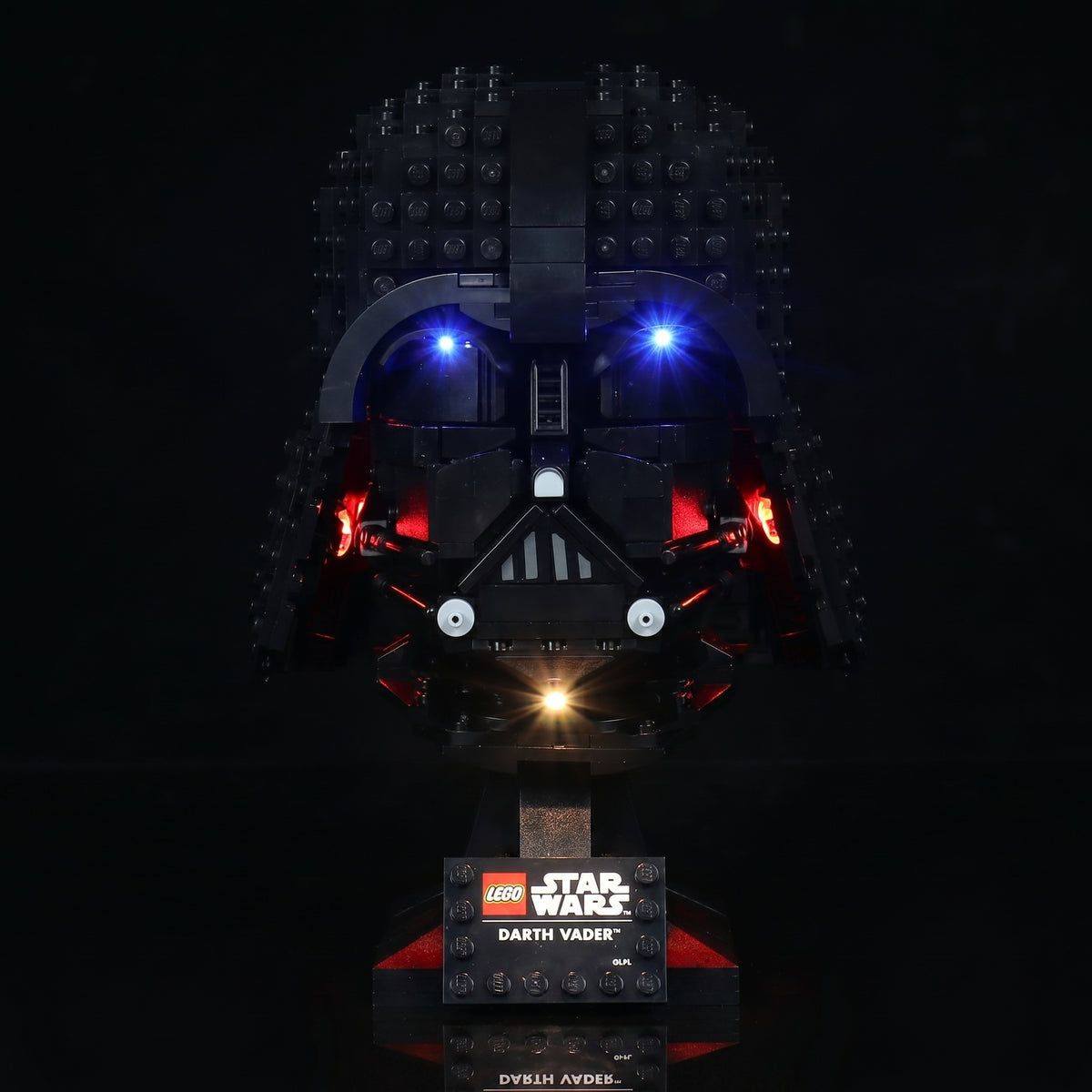 LEGO® Star Wars Darth Vader Helmet #75304 fully illuminated on display, with the light kit