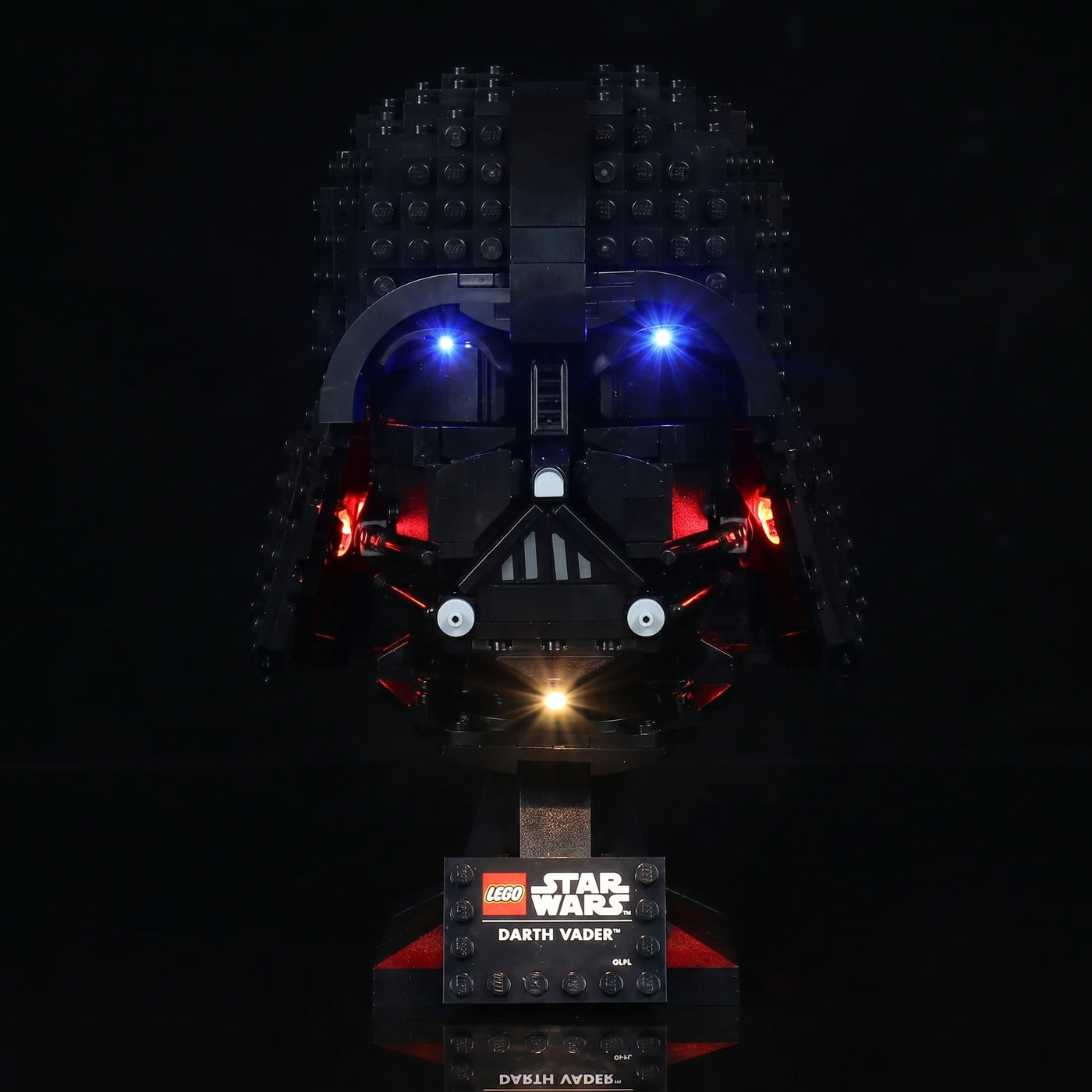 LEGO® Star Wars Darth Vader Helmet #75304 fully illuminated on display, with the light kit